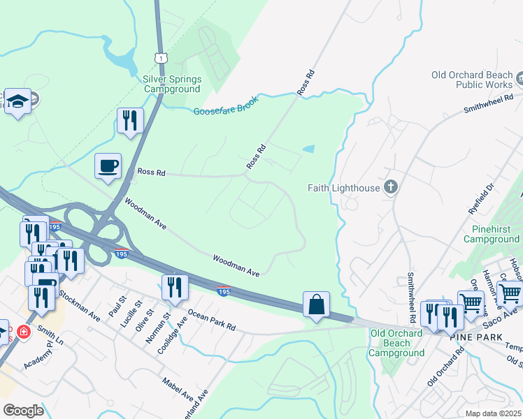 map of restaurants, bars, coffee shops, grocery stores, and more near 12 Bridle Way in Saco