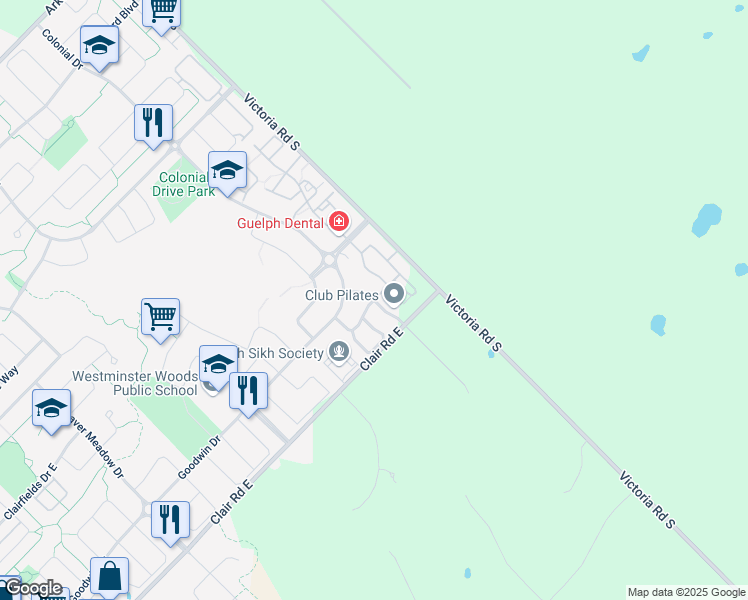map of restaurants, bars, coffee shops, grocery stores, and more near Samuel Drive in Guelph