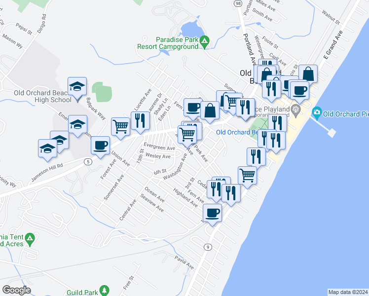 map of restaurants, bars, coffee shops, grocery stores, and more near 4 Pine Avenue in Old Orchard Beach