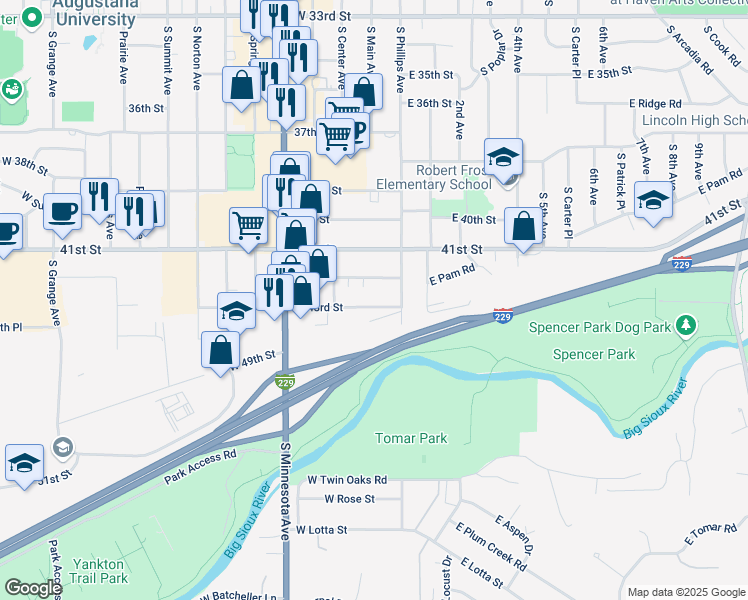 map of restaurants, bars, coffee shops, grocery stores, and more near 112 West 43rd Street in Sioux Falls