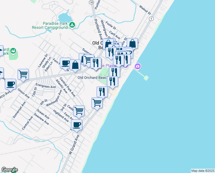 map of restaurants, bars, coffee shops, grocery stores, and more near 23 1st Street in Old Orchard Beach
