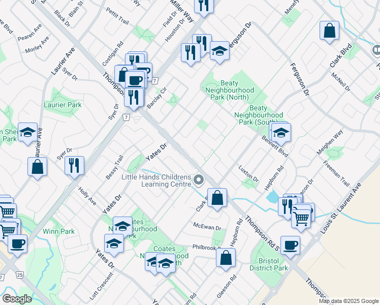 map of restaurants, bars, coffee shops, grocery stores, and more near 713 Thompson Road South in Milton