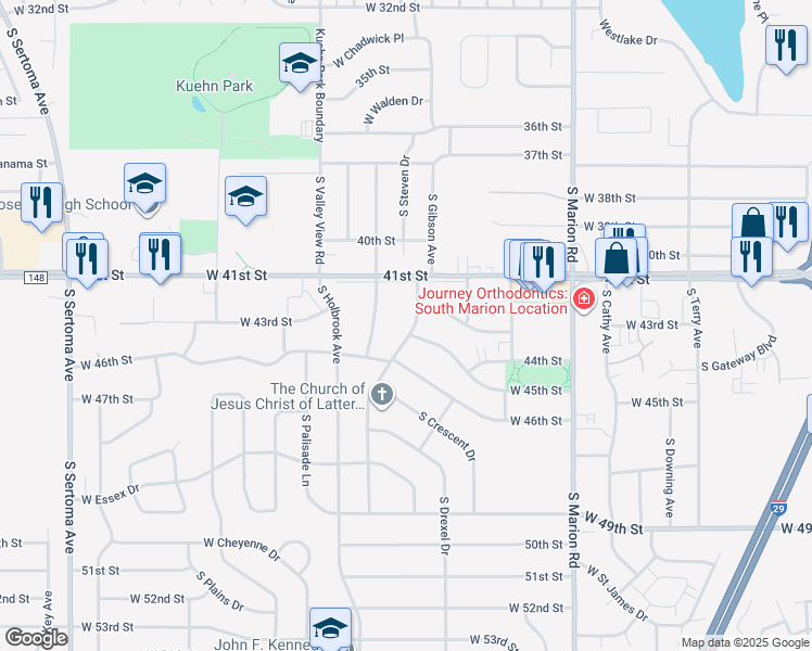 map of restaurants, bars, coffee shops, grocery stores, and more near 3601 South Fairhall Avenue in Sioux Falls