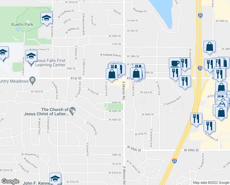 map of restaurants, bars, coffee shops, grocery stores, and more near 3507 South Marion Road in Sioux Falls