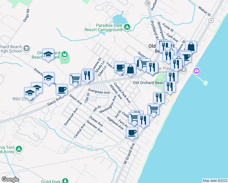 map of restaurants, bars, coffee shops, grocery stores, and more near 4 Pine Avenue in Old Orchard Beach