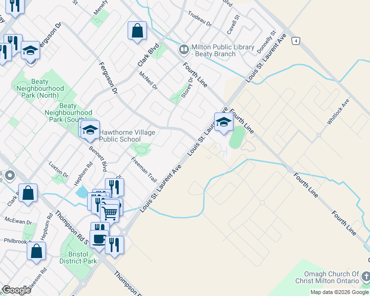 map of restaurants, bars, coffee shops, grocery stores, and more near 1303 Ellenton Crescent in Milton