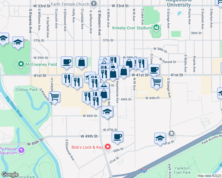 map of restaurants, bars, coffee shops, grocery stores, and more near 3600 South Willow Avenue in Sioux Falls