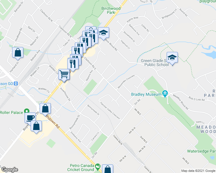 map of restaurants, bars, coffee shops, grocery stores, and more near 850 Clarkson Road South in Mississauga