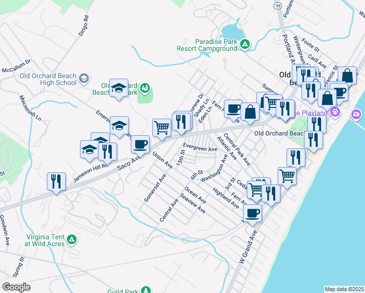 map of restaurants, bars, coffee shops, grocery stores, and more near 11 16th Street in Old Orchard Beach