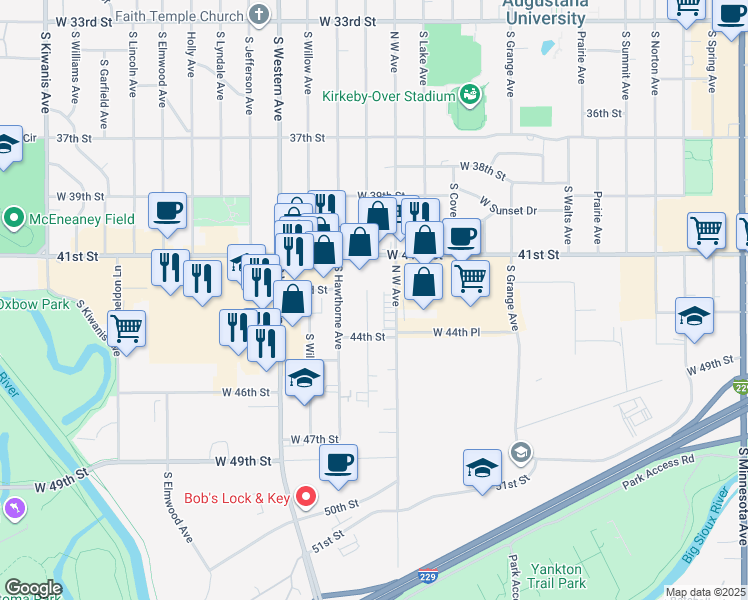 map of restaurants, bars, coffee shops, grocery stores, and more near 3504 South Glendale Avenue in Sioux Falls