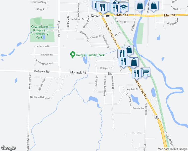 map of restaurants, bars, coffee shops, grocery stores, and more near 821 Bel-Ric Drive in Kewaskum