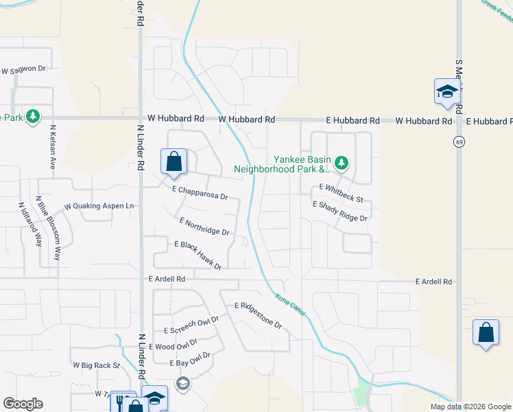 map of restaurants, bars, coffee shops, grocery stores, and more near 632 East Taper Street in Kuna