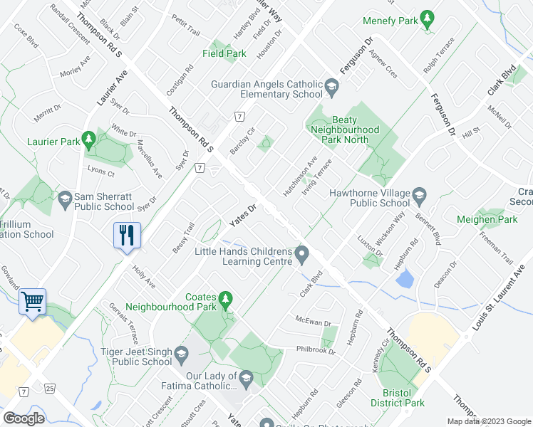 map of restaurants, bars, coffee shops, grocery stores, and more near 690 Thompson Road South in Milton