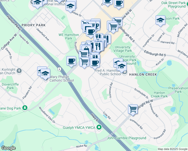 map of restaurants, bars, coffee shops, grocery stores, and more near 2 Aspen Valley Crescent in Guelph