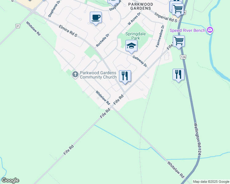 map of restaurants, bars, coffee shops, grocery stores, and more near 2 Worton Avenue in Guelph