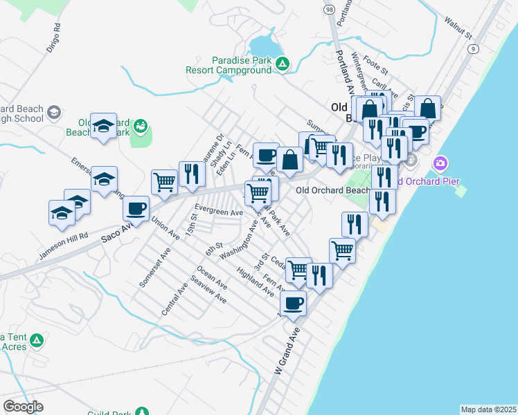 map of restaurants, bars, coffee shops, grocery stores, and more near in Old Orchard Beach