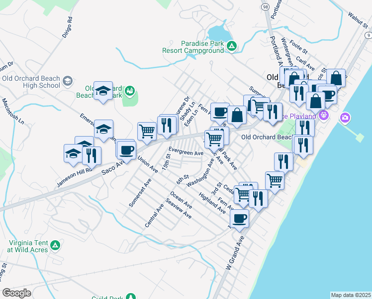 map of restaurants, bars, coffee shops, grocery stores, and more near in Old Orchard Beach