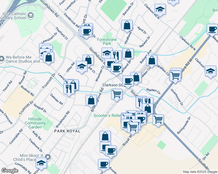 map of restaurants, bars, coffee shops, grocery stores, and more near 2104 Bromsgrove Road in Mississauga