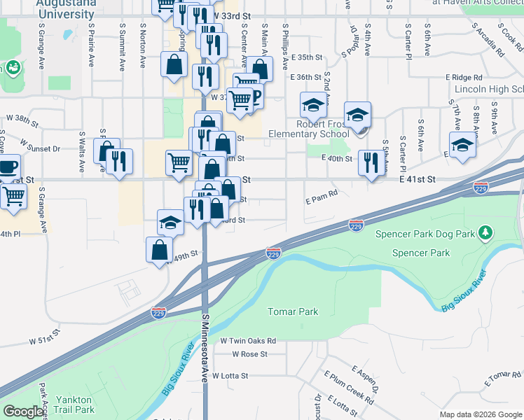 map of restaurants, bars, coffee shops, grocery stores, and more near 112 West 43rd Street in Sioux Falls