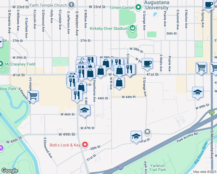 map of restaurants, bars, coffee shops, grocery stores, and more near 3504 South Glendale Avenue in Sioux Falls