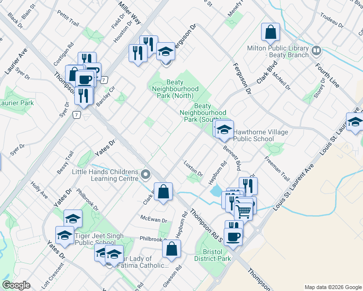 map of restaurants, bars, coffee shops, grocery stores, and more near 1061 Clark Boulevard in Milton