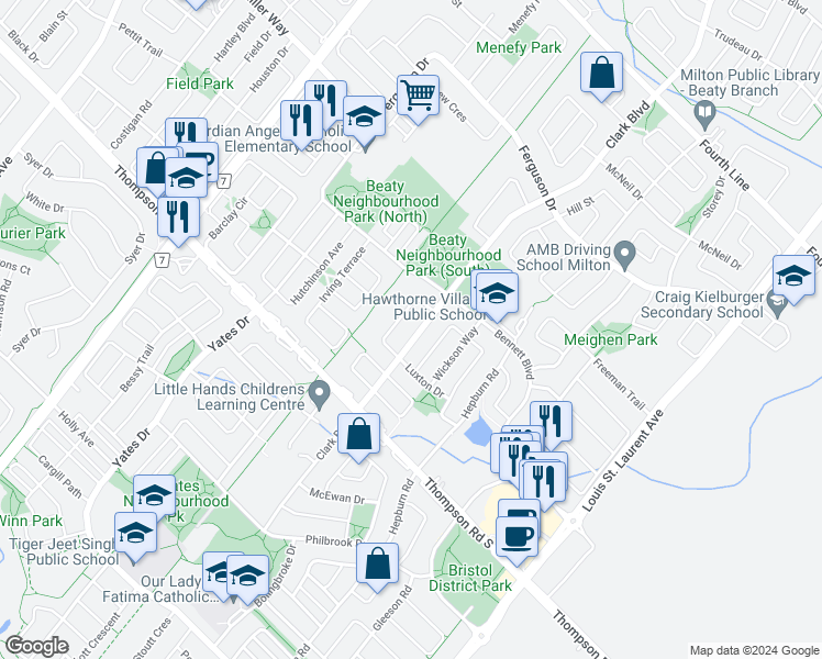 map of restaurants, bars, coffee shops, grocery stores, and more near 1061 Clark Boulevard in Milton