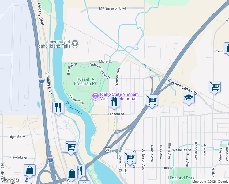 map of restaurants, bars, coffee shops, grocery stores, and more near 1400-1494 Fremont Ave in Idaho Falls