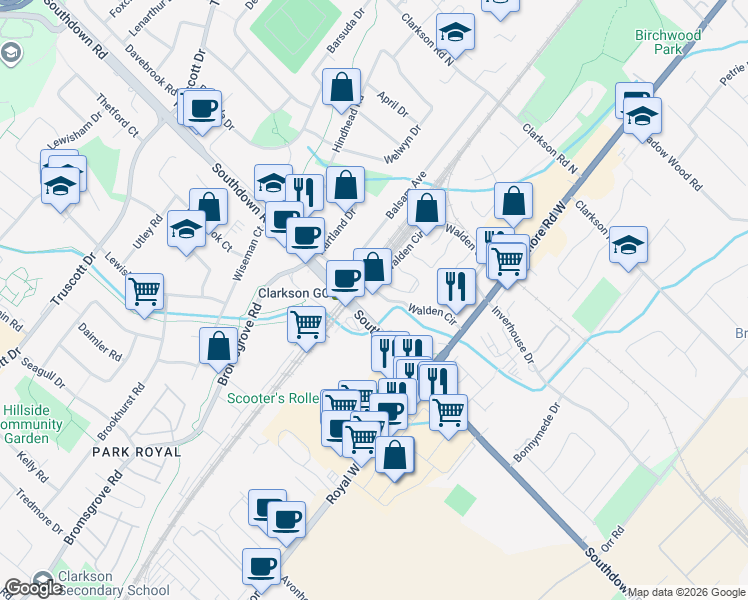 map of restaurants, bars, coffee shops, grocery stores, and more near 1201 Walden Circle in Mississauga