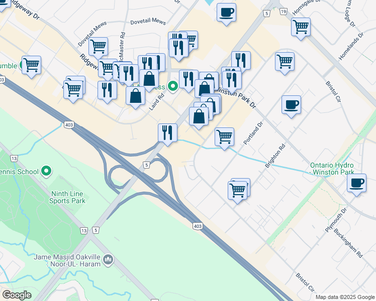 map of restaurants, bars, coffee shops, grocery stores, and more near 2510 Hyde Park Gate in Oakville