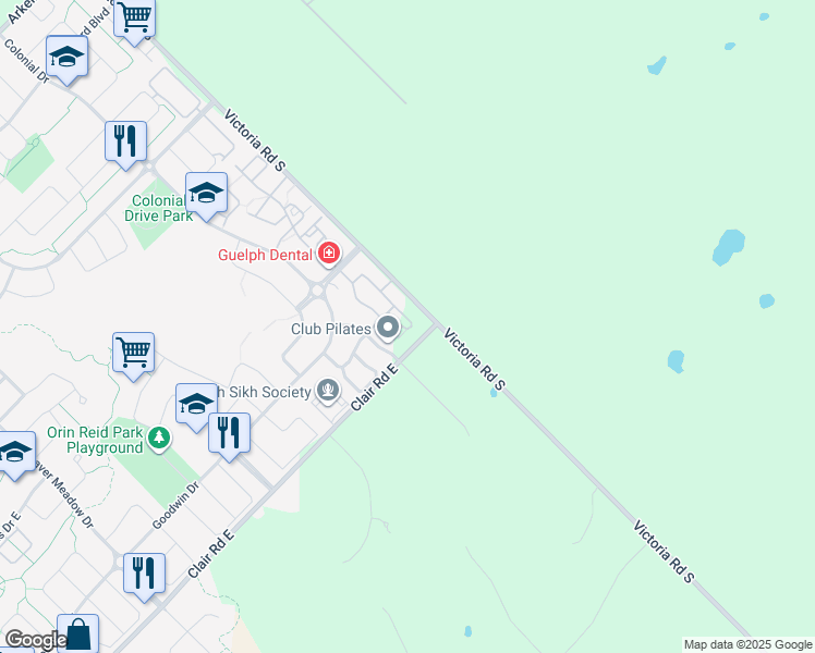 map of restaurants, bars, coffee shops, grocery stores, and more near 35 Kingsbury Square in Guelph