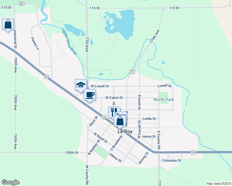 map of restaurants, bars, coffee shops, grocery stores, and more near 806 North Mather Street in Le Roy