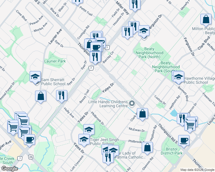 map of restaurants, bars, coffee shops, grocery stores, and more near 917 Yates Drive in Milton