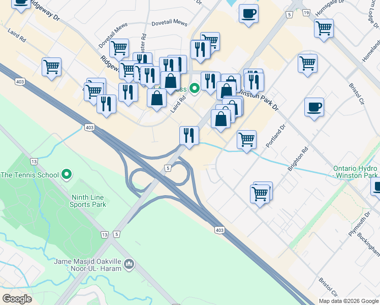 map of restaurants, bars, coffee shops, grocery stores, and more near 2520 Hyde Park Gate in Oakville