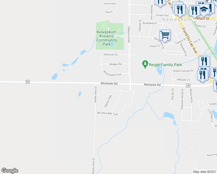 map of restaurants, bars, coffee shops, grocery stores, and more near 824 Odawa Circle in Kewaskum