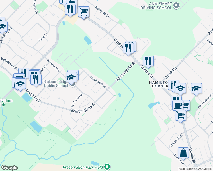 map of restaurants, bars, coffee shops, grocery stores, and more near 280 Carrington Drive in Guelph