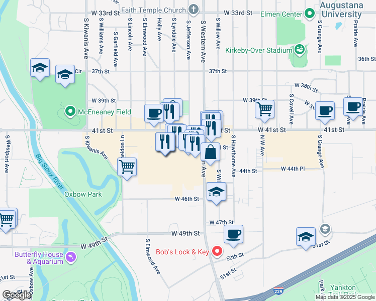 map of restaurants, bars, coffee shops, grocery stores, and more near 2101 West 41st Street in Sioux Falls