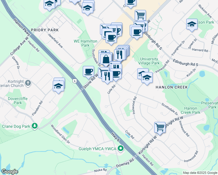 map of restaurants, bars, coffee shops, grocery stores, and more near 649 Scottsdale Drive in Guelph