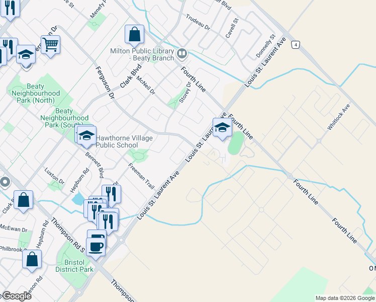 map of restaurants, bars, coffee shops, grocery stores, and more near 1303 Ellenton Crescent in Milton
