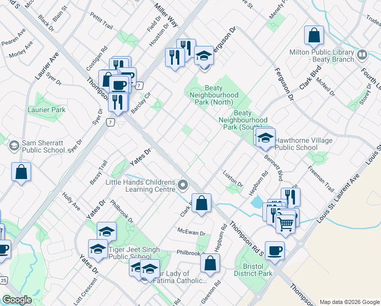 map of restaurants, bars, coffee shops, grocery stores, and more near 785 Irving Terrace in Milton