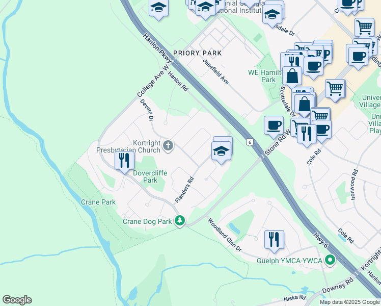 map of restaurants, bars, coffee shops, grocery stores, and more near 4 Lambert Crescent in Guelph
