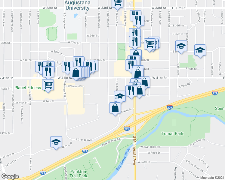 map of restaurants, bars, coffee shops, grocery stores, and more near 3401 South Duluth Avenue in Sioux Falls