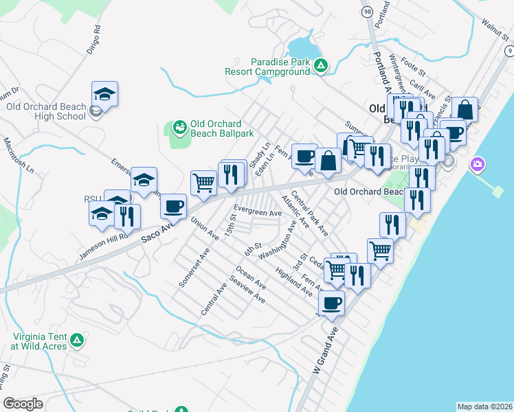 map of restaurants, bars, coffee shops, grocery stores, and more near in Old Orchard Beach