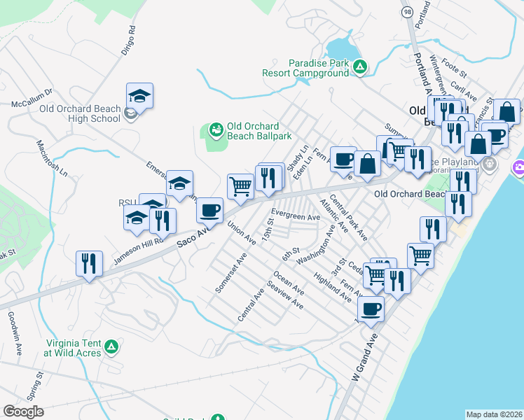 map of restaurants, bars, coffee shops, grocery stores, and more near 11 16th Street in Old Orchard Beach