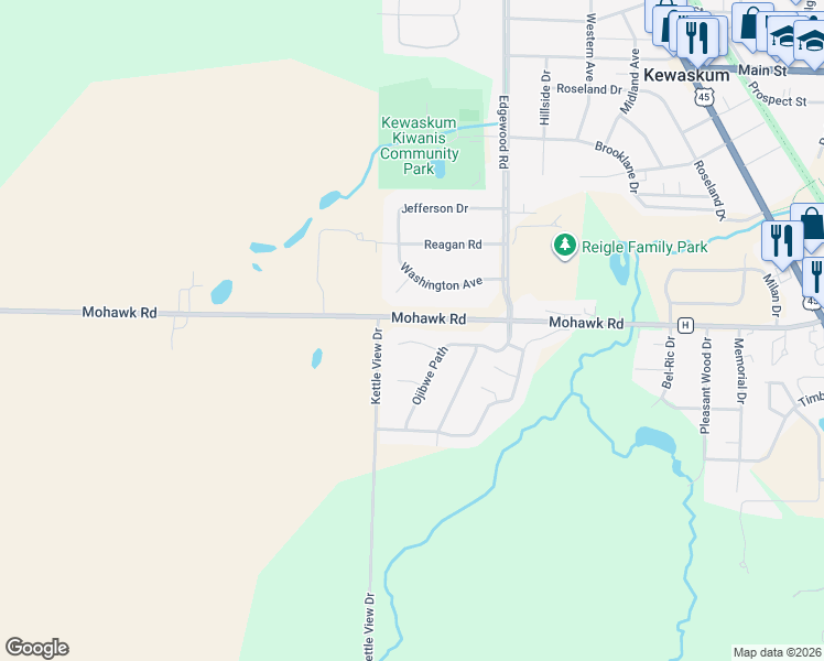 map of restaurants, bars, coffee shops, grocery stores, and more near 824 Odawa Circle in Kewaskum