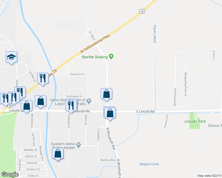 map of restaurants, bars, coffee shops, grocery stores, and more near 1930 North Woodruff Avenue in Idaho Falls