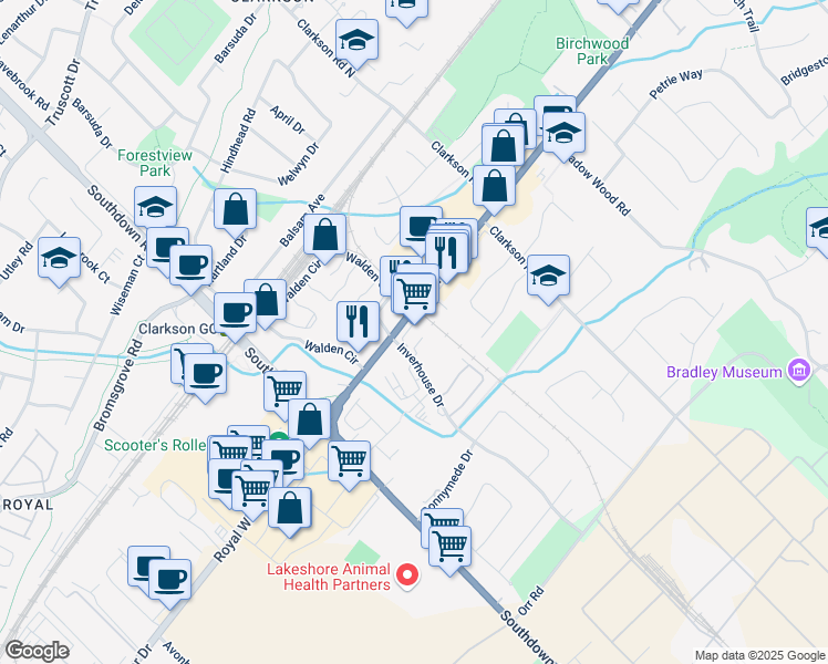 map of restaurants, bars, coffee shops, grocery stores, and more near 1900 Lakeshore Road West in Mississauga