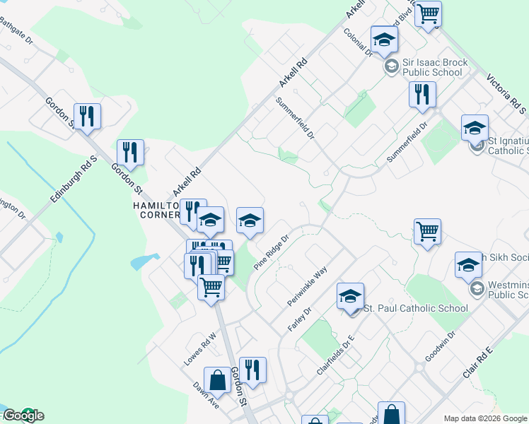 map of restaurants, bars, coffee shops, grocery stores, and more near 34 Ridgeway Avenue in Guelph