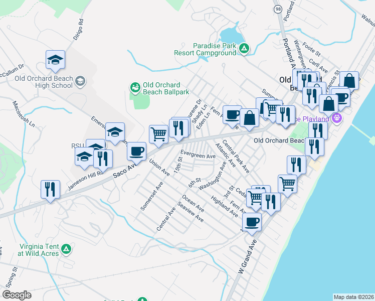 map of restaurants, bars, coffee shops, grocery stores, and more near 11 16th Street in Old Orchard Beach