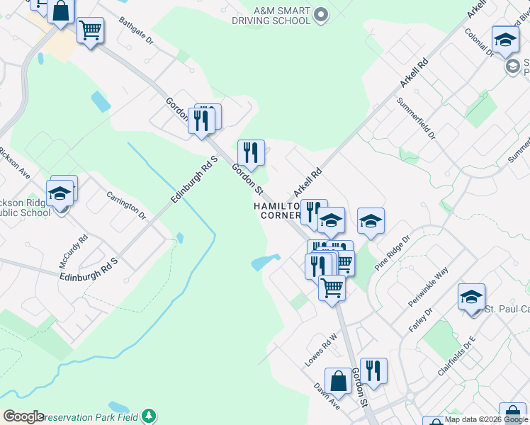 map of restaurants, bars, coffee shops, grocery stores, and more near 1291 Gordon Street in Guelph