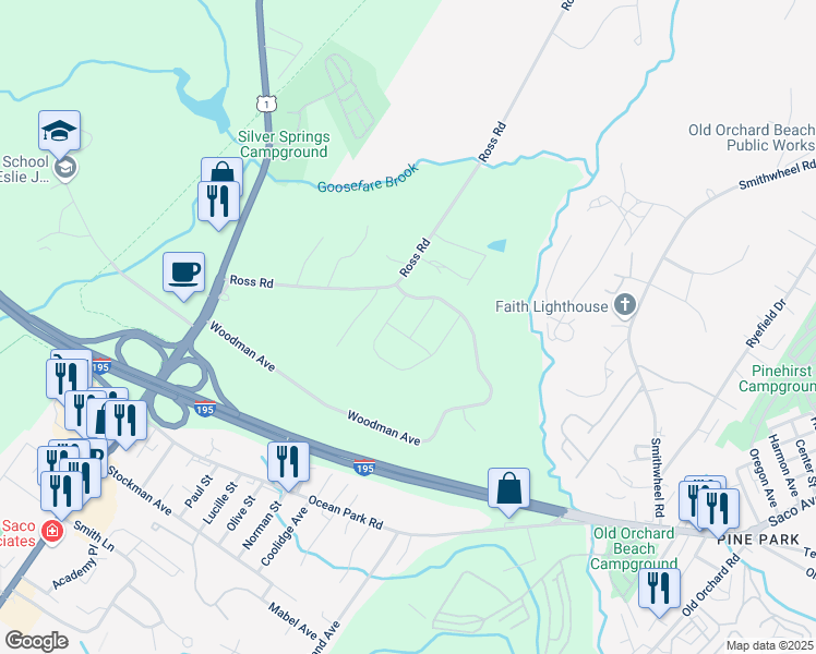 map of restaurants, bars, coffee shops, grocery stores, and more near 12 Bridle Way in Saco